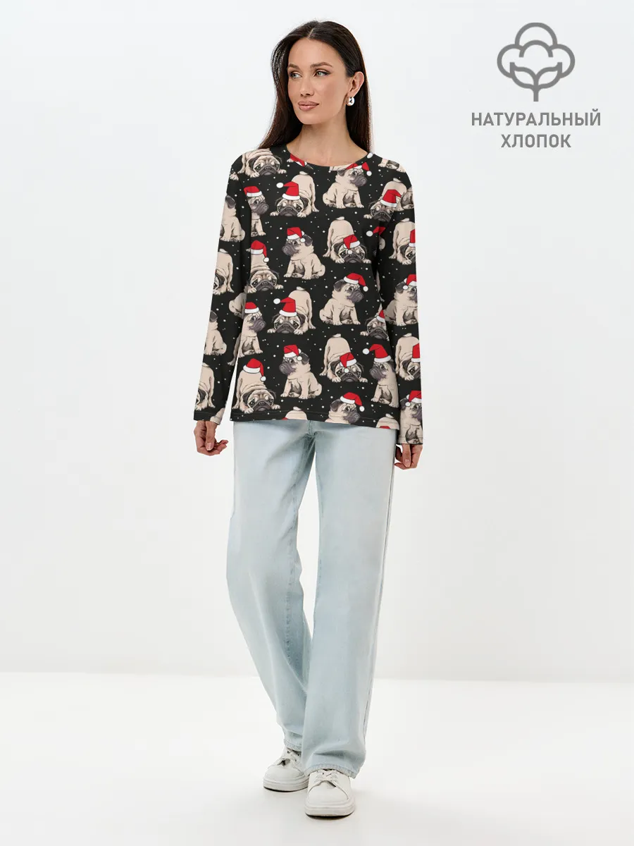 Лонгслив женский. Хлопок / Новогодние мопсы
