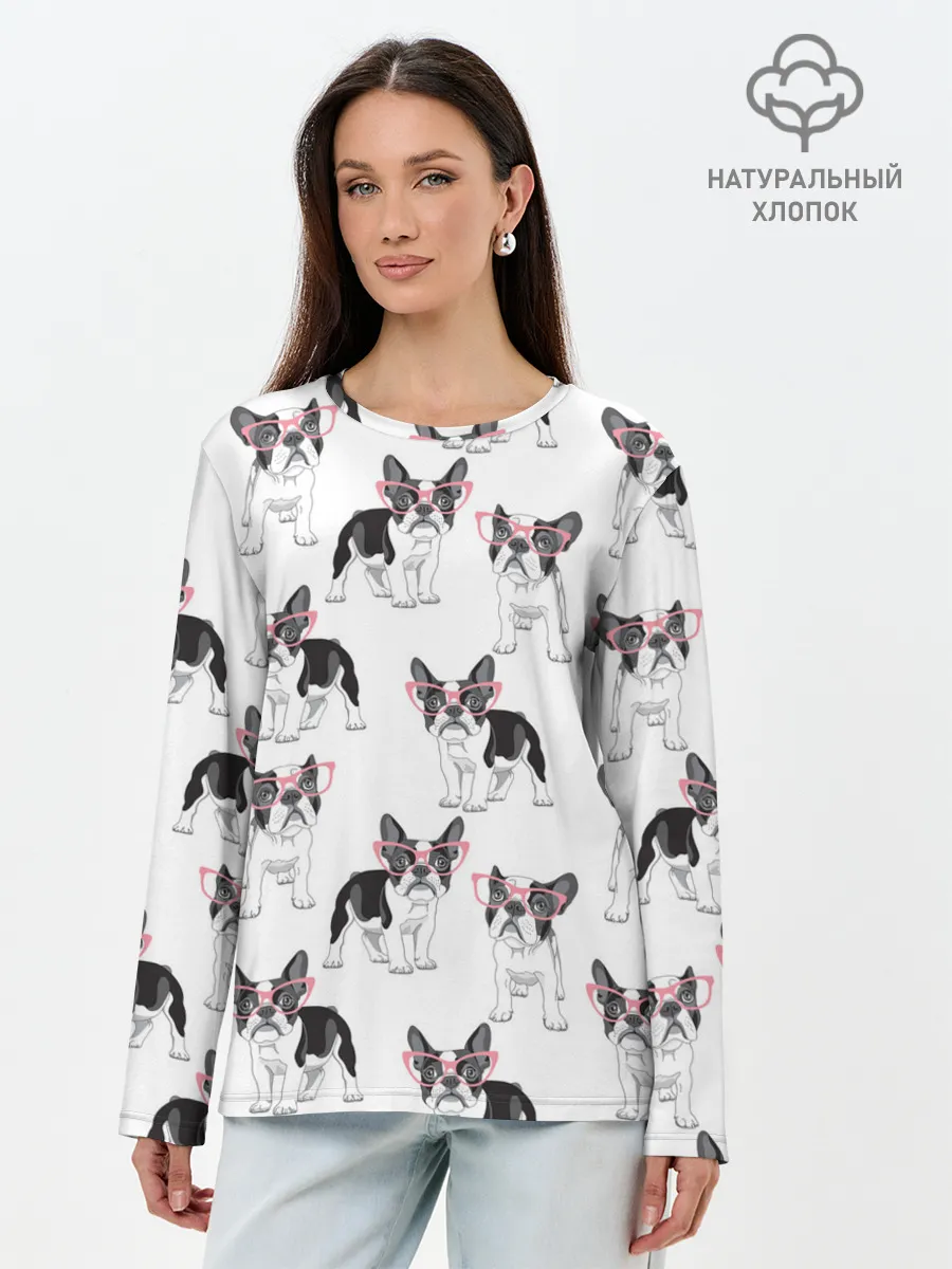 Лонгслив женский. Хлопок / Французские бульдоги в очках