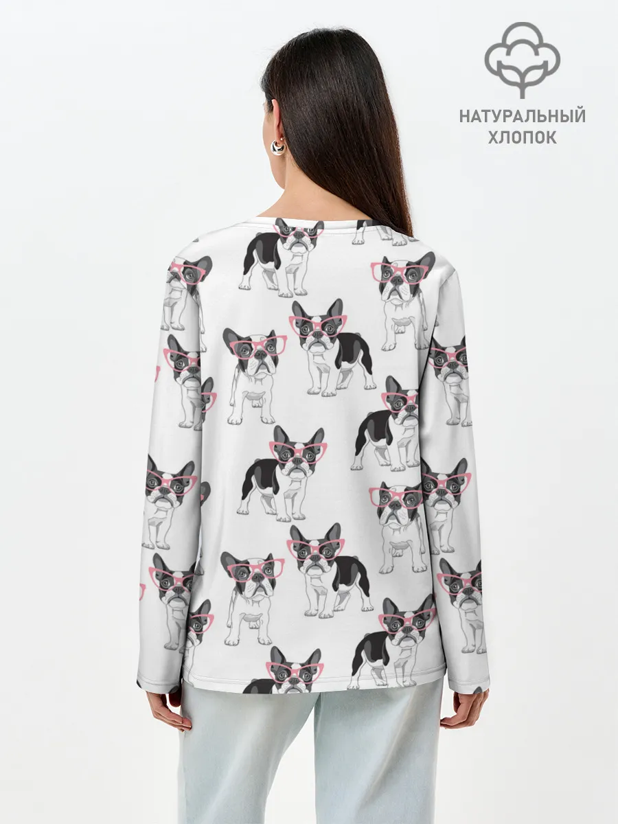 Лонгслив женский. Хлопок / Французские бульдоги в очках