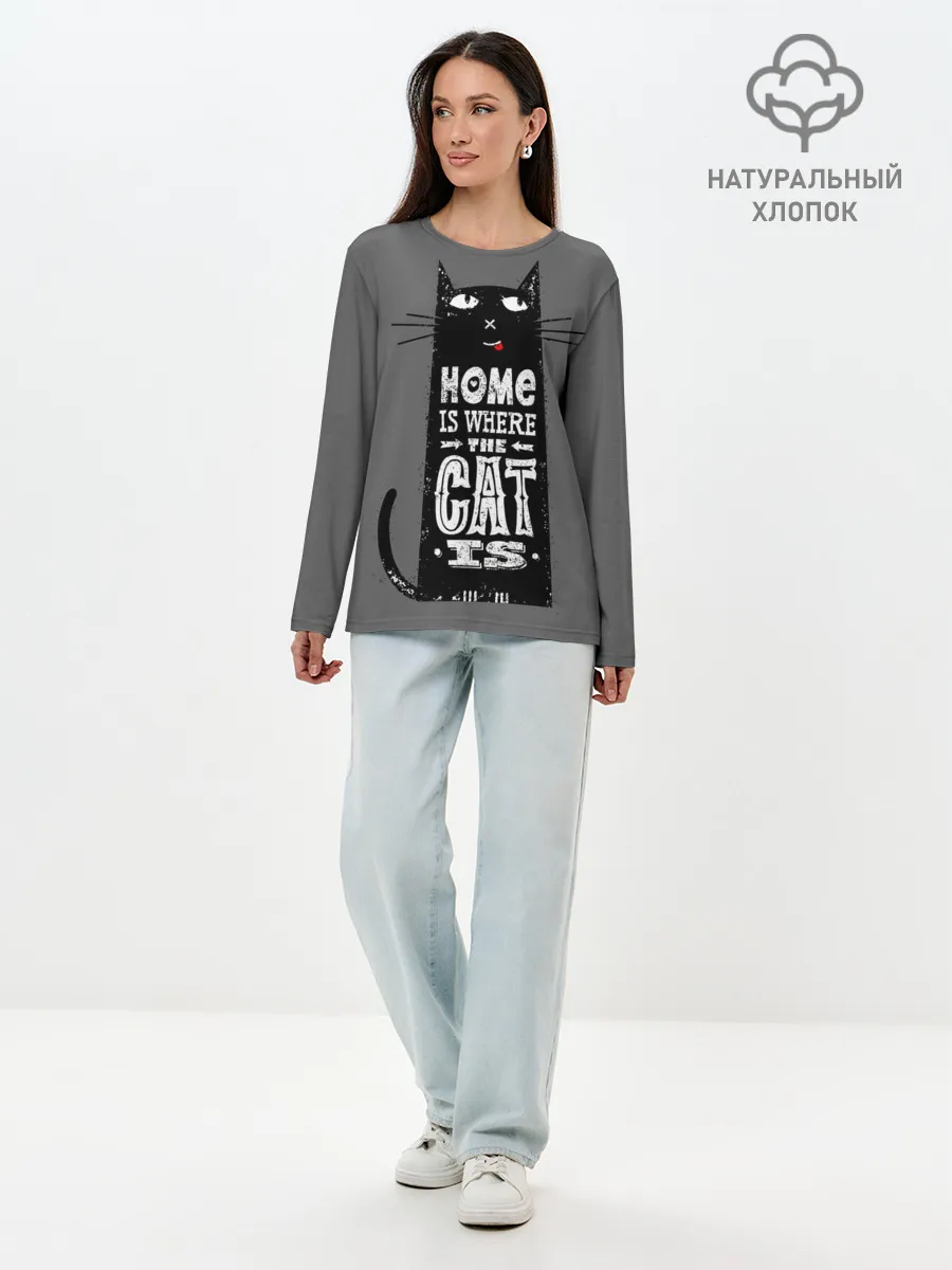 Лонгслив женский. Хлопок / Дом там, где твой кот
