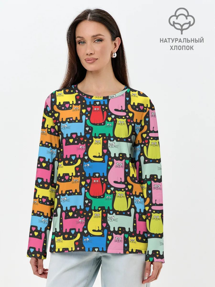 Лонгслив женский. Хлопок / Разноцветные котики
