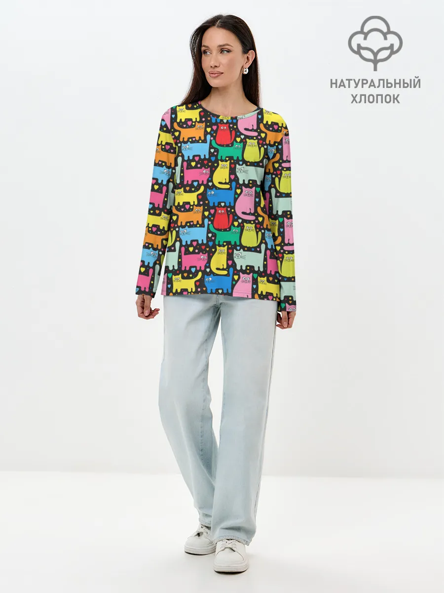 Лонгслив женский. Хлопок / Разноцветные котики