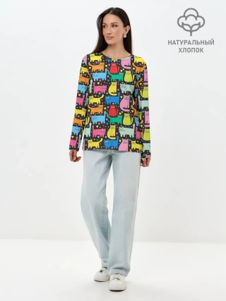 Лонгслив женский. Хлопок / Разноцветные котики