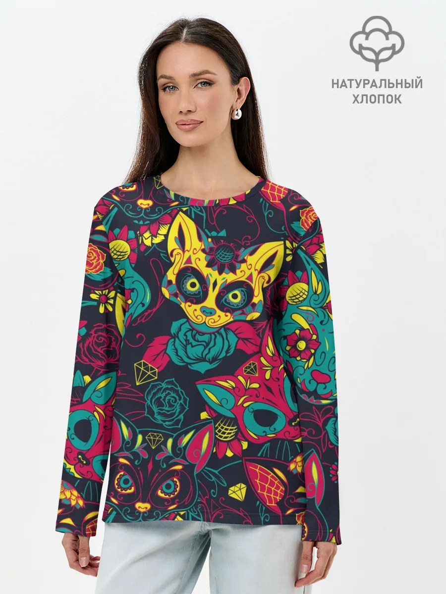 Лонгслив женский. Хлопок / Кошачий День Мёртвых