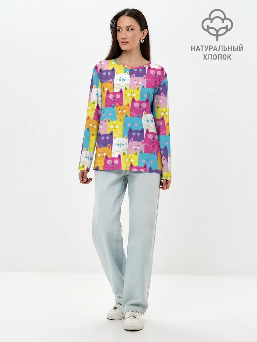 Лонгслив женский. Хлопок / Разноцветные котики