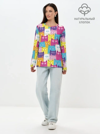 Лонгслив женский. Хлопок / Разноцветные котики