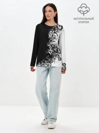 Лонгслив женский. Хлопок / Черно-белый узор.