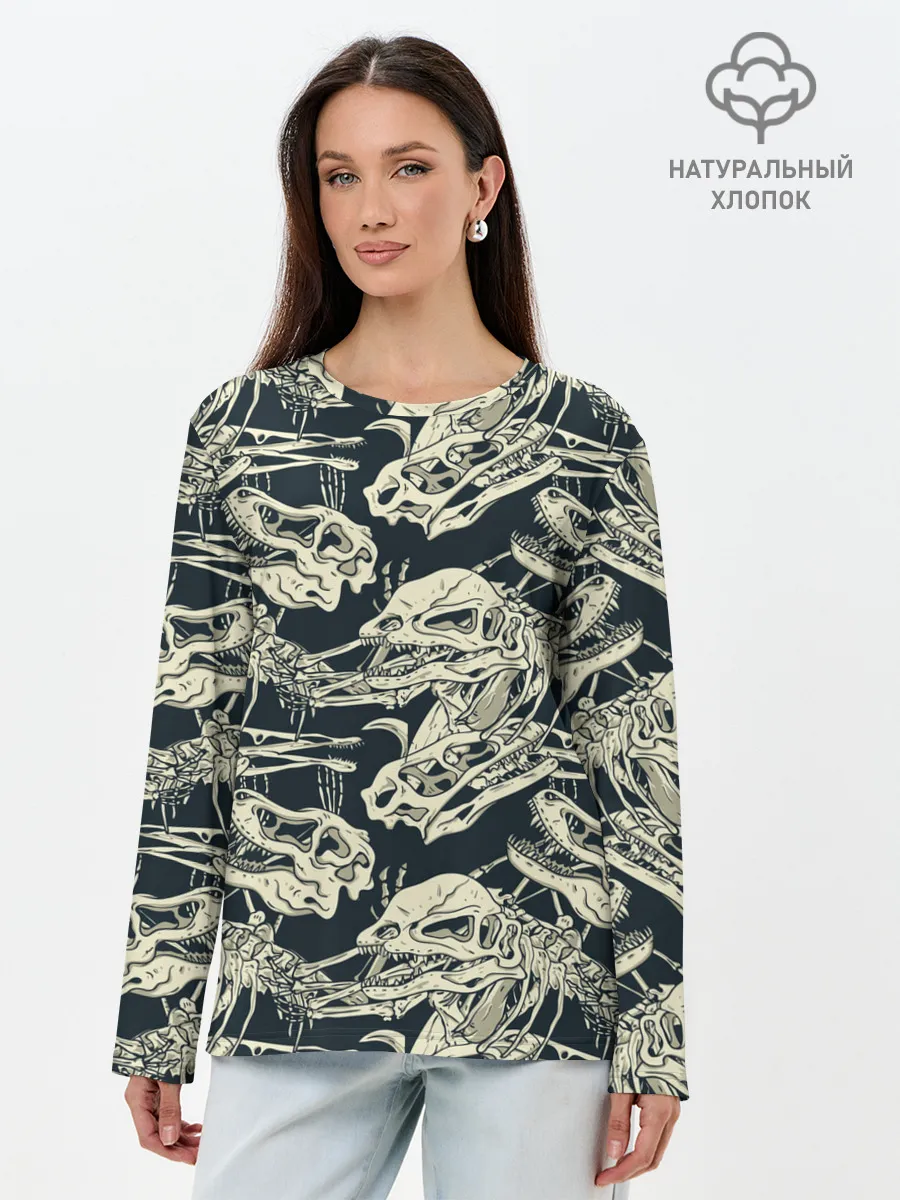 Лонгслив женский. Хлопок / Черепа динозавров