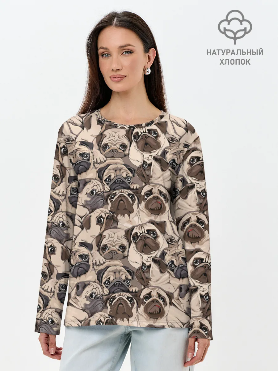 Лонгслив женский. Хлопок / Мопсы