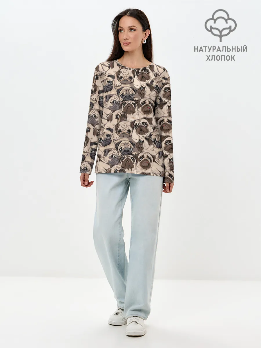 Лонгслив женский. Хлопок / Мопсы