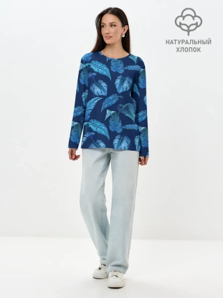 Лонгслив женский. Хлопок / Листья. Ночные тропики