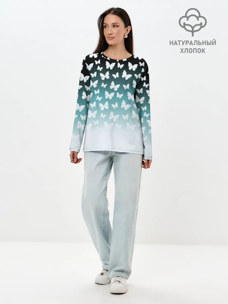 Лонгслив женский. Хлопок / Бабочки