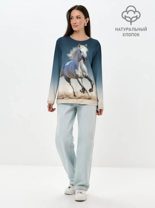 Лонгслив женский. Хлопок / Серый в яблоках конь