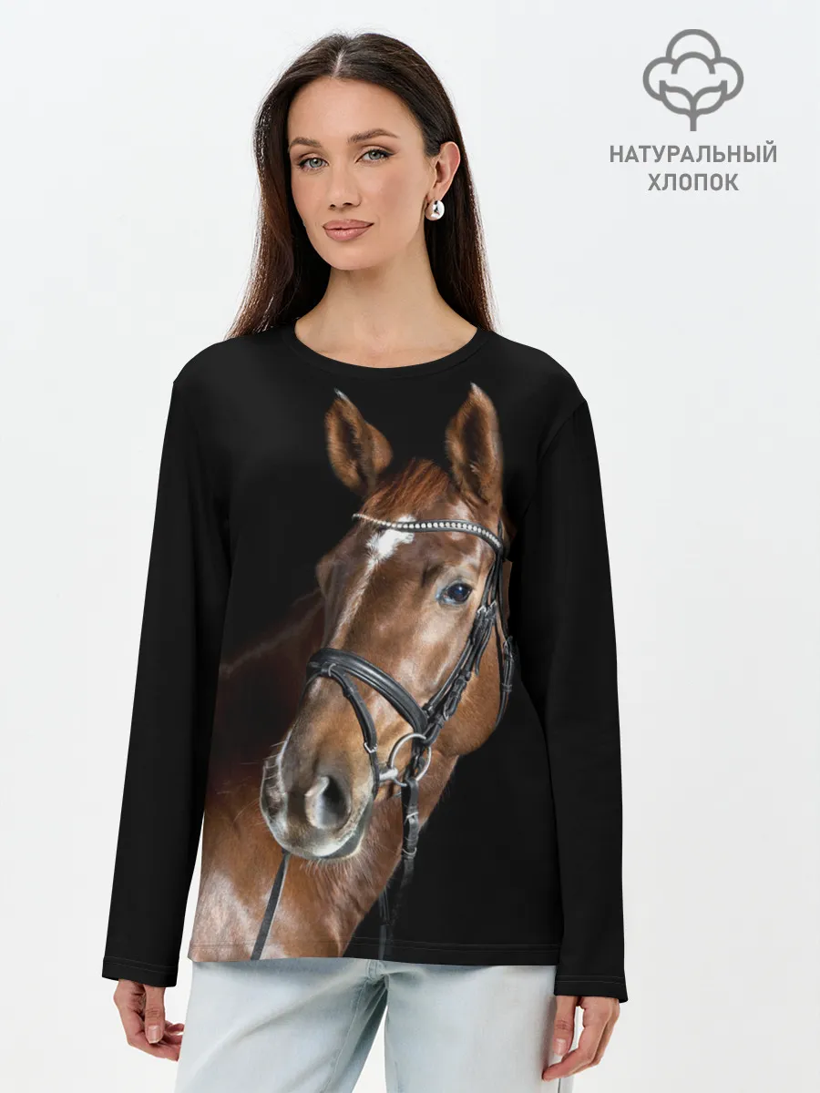 Лонгслив женский. Хлопок / Гнедая лошадь