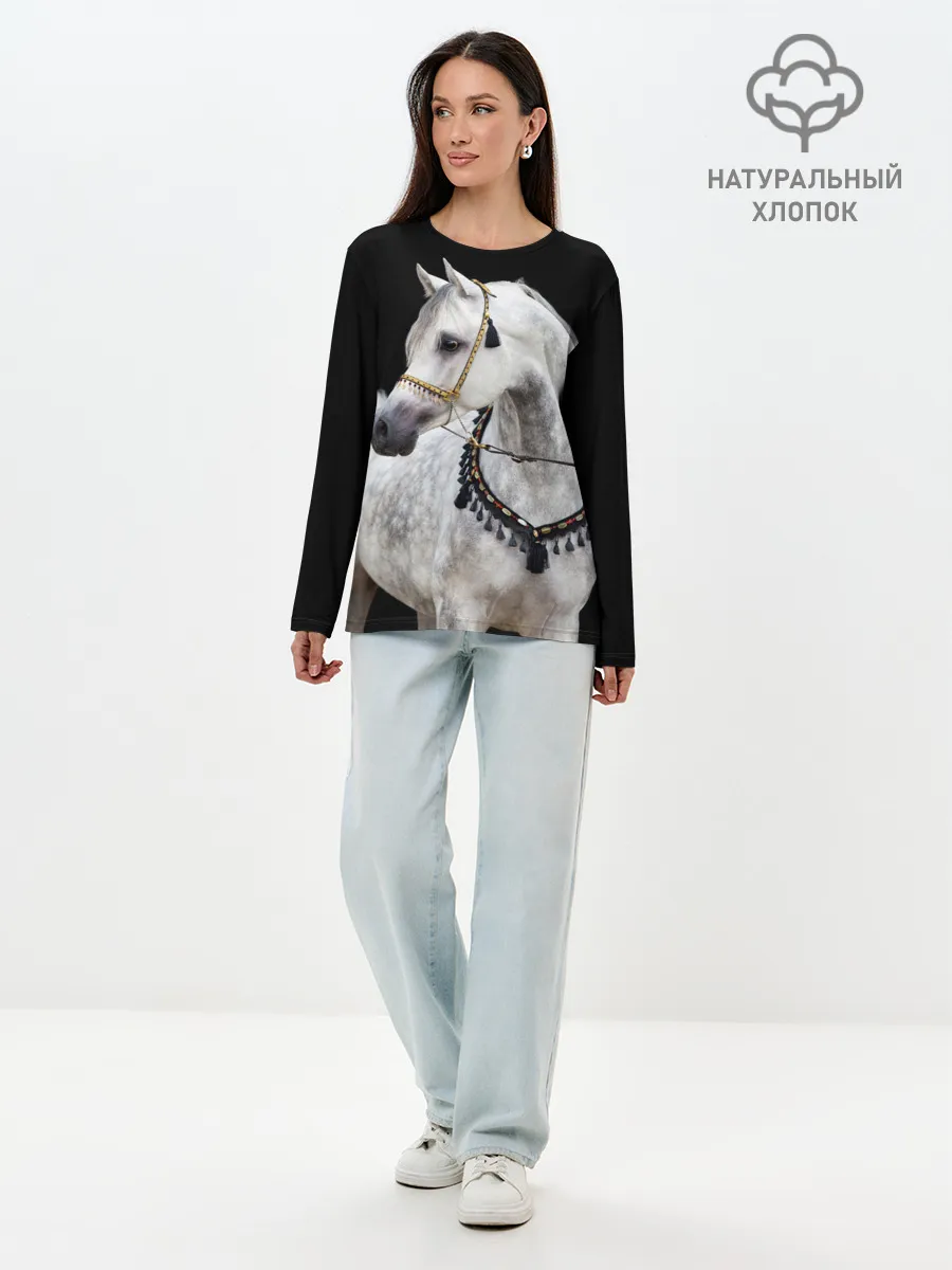 Лонгслив женский. Хлопок / Серый в яблоках конь