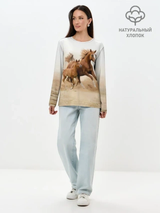 Лонгслив женский. Хлопок / Лошадь с жеребенком