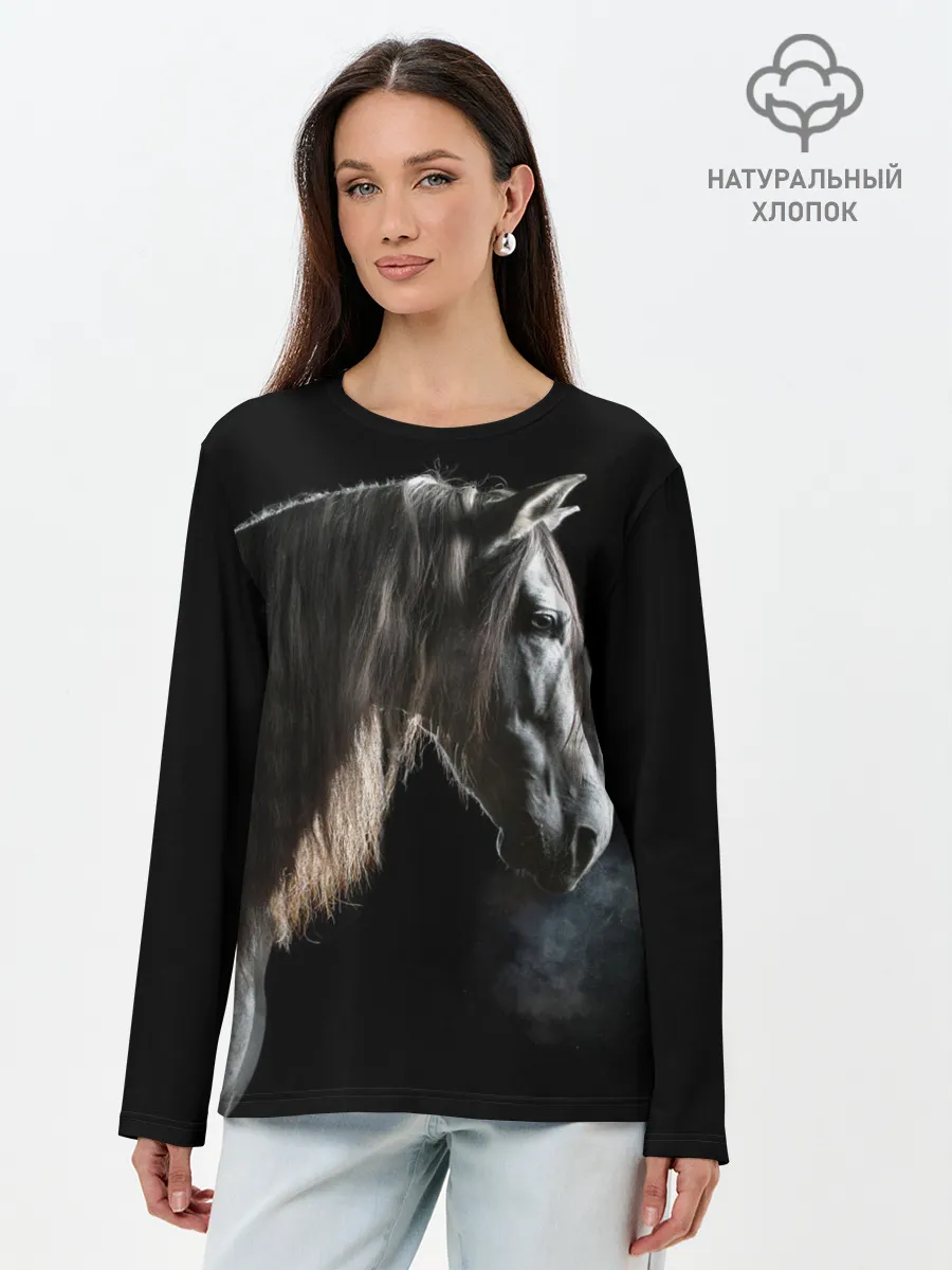 Лонгслив женский. Хлопок / Серный в яблоках конь