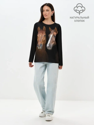 Лонгслив женский. Хлопок / Лошади гнедые