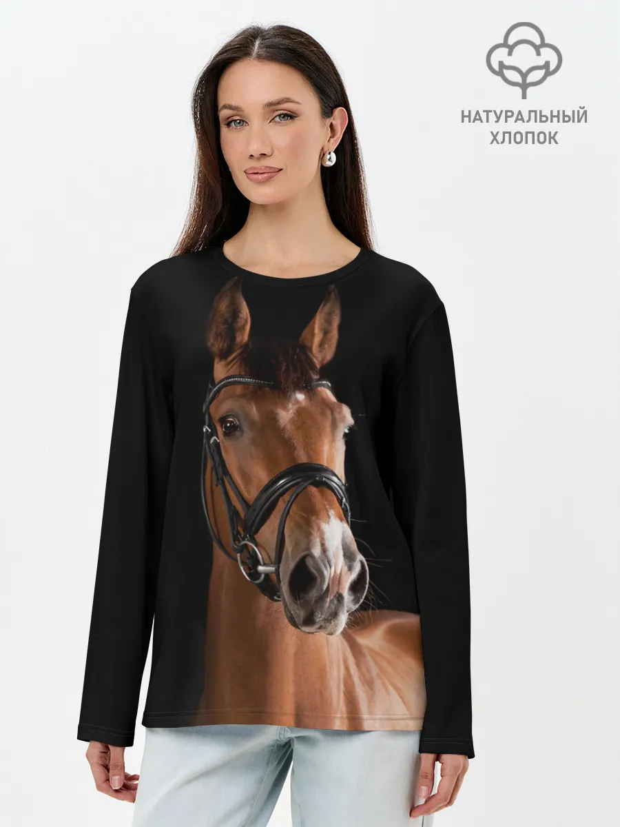 Лонгслив женский. Хлопок / Гнедая лошадь