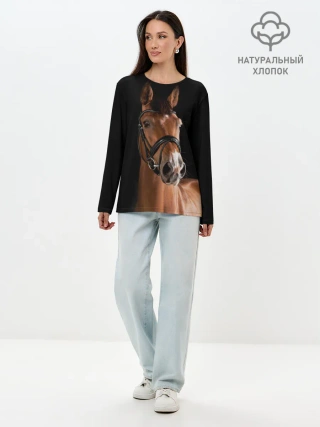 Лонгслив женский. Хлопок / Гнедая лошадь