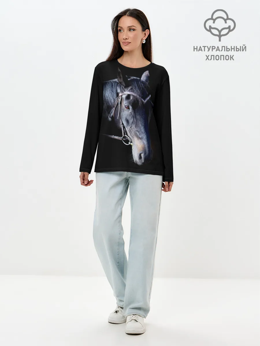 Лонгслив женский. Хлопок / Конь вороной