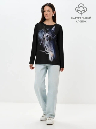 Лонгслив женский. Хлопок / Конь вороной