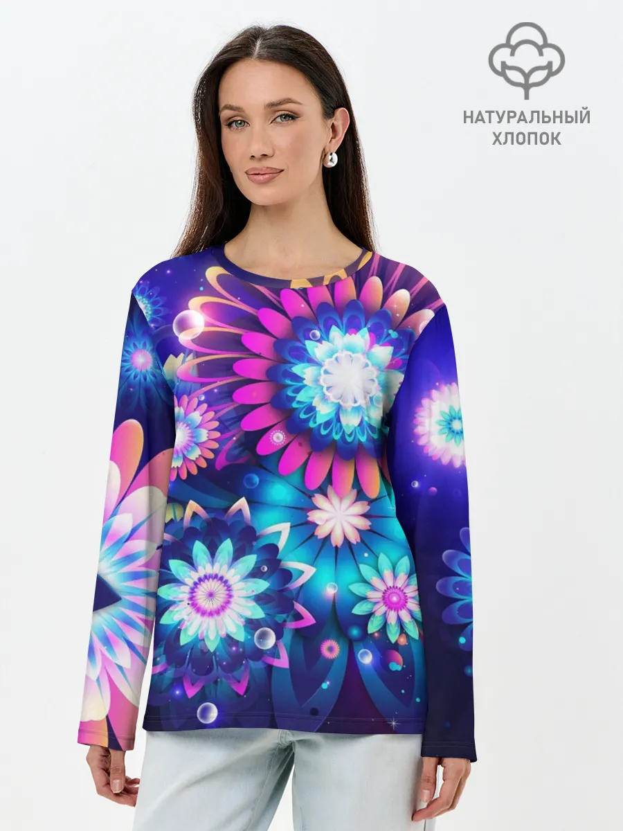 Лонгслив женский. Хлопок / Неоновые Цветы