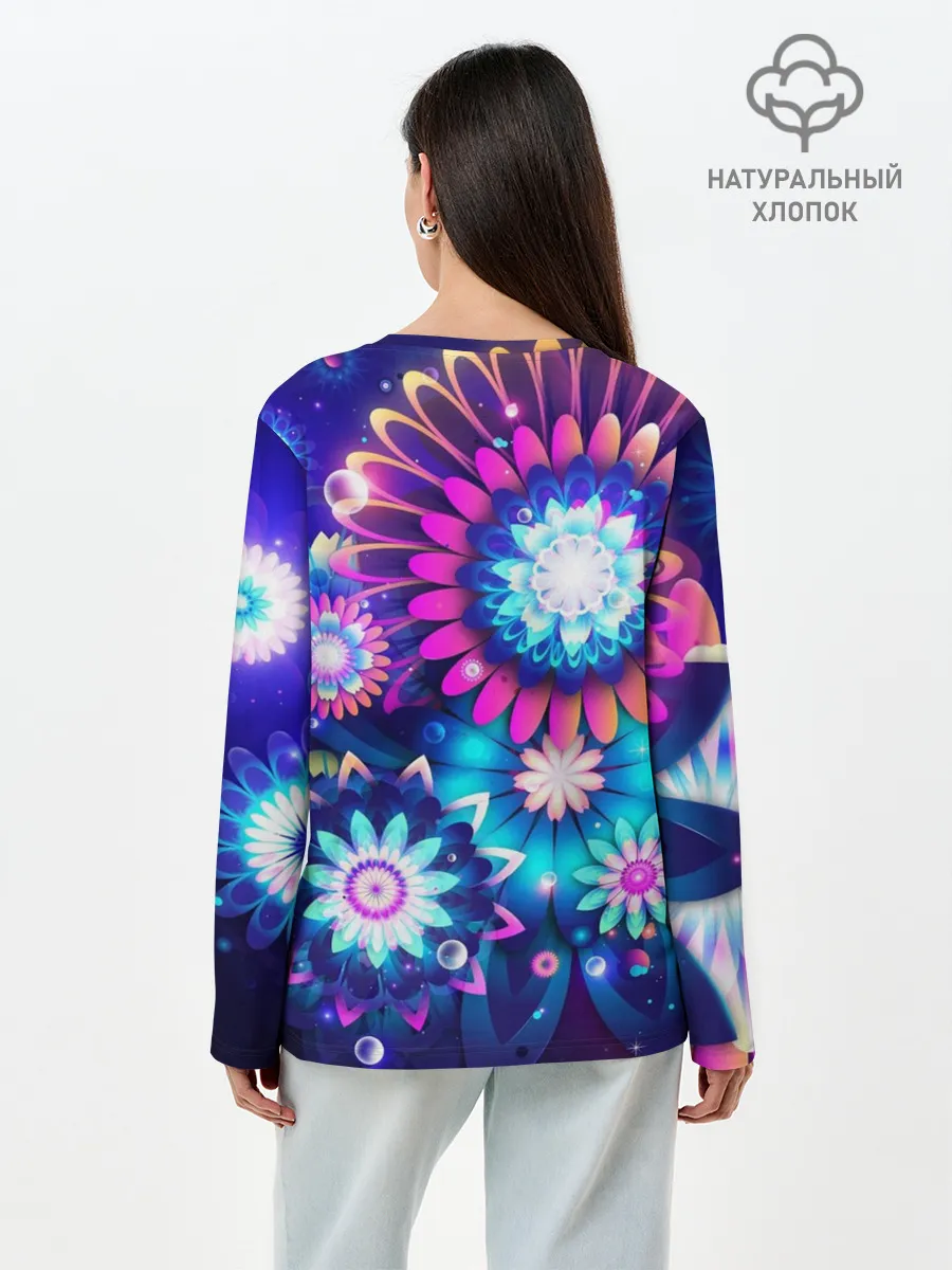 Лонгслив женский. Хлопок / Неоновые Цветы