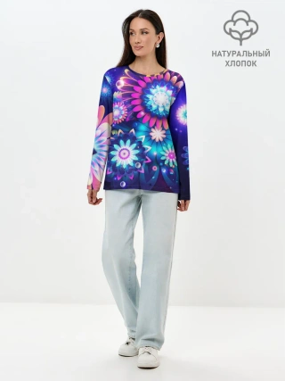 Лонгслив женский. Хлопок / Неоновые Цветы