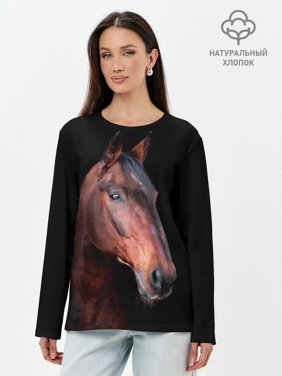 Лонгслив женский. Хлопок / Гнедая лошадь