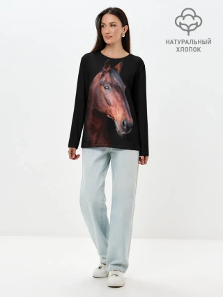 Лонгслив женский. Хлопок / Гнедая лошадь