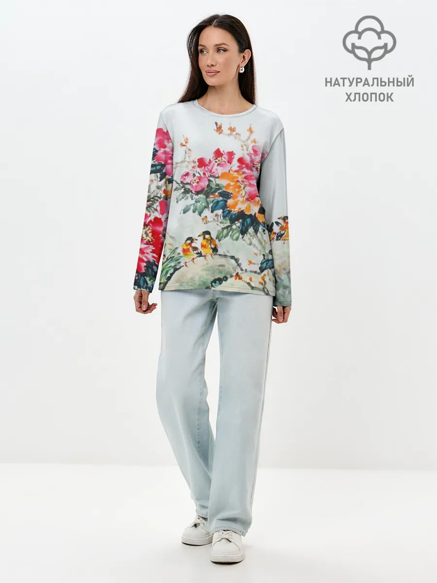 Лонгслив женский. Хлопок / Японские цветы
