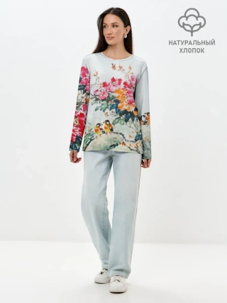 Лонгслив женский. Хлопок / Японские цветы