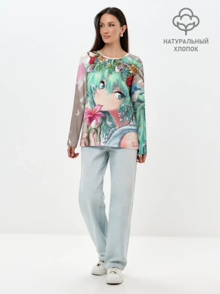 Лонгслив женский. Хлопок / Цветок и Хацуне Мику