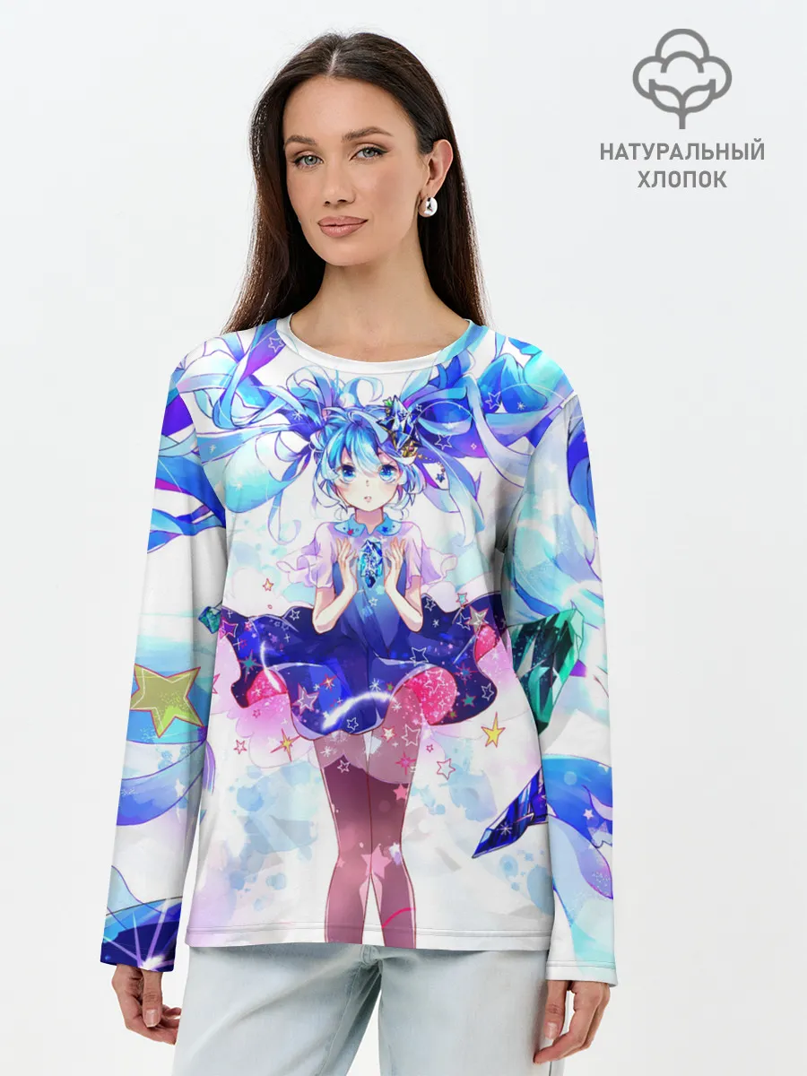 Лонгслив женский. Хлопок / Хацуне Мику на красочном фоне