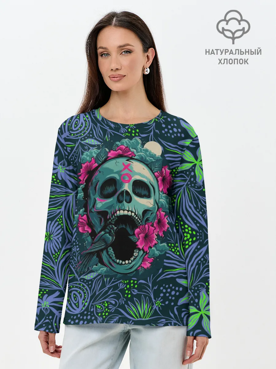 Лонгслив женский. Хлопок / Череп В Цветах