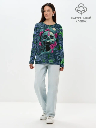 Лонгслив женский. Хлопок / Череп В Цветах