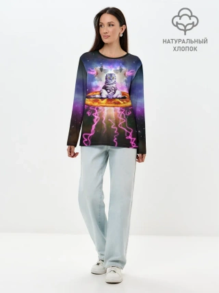 Лонгслив женский. Хлопок / Кот на пицце