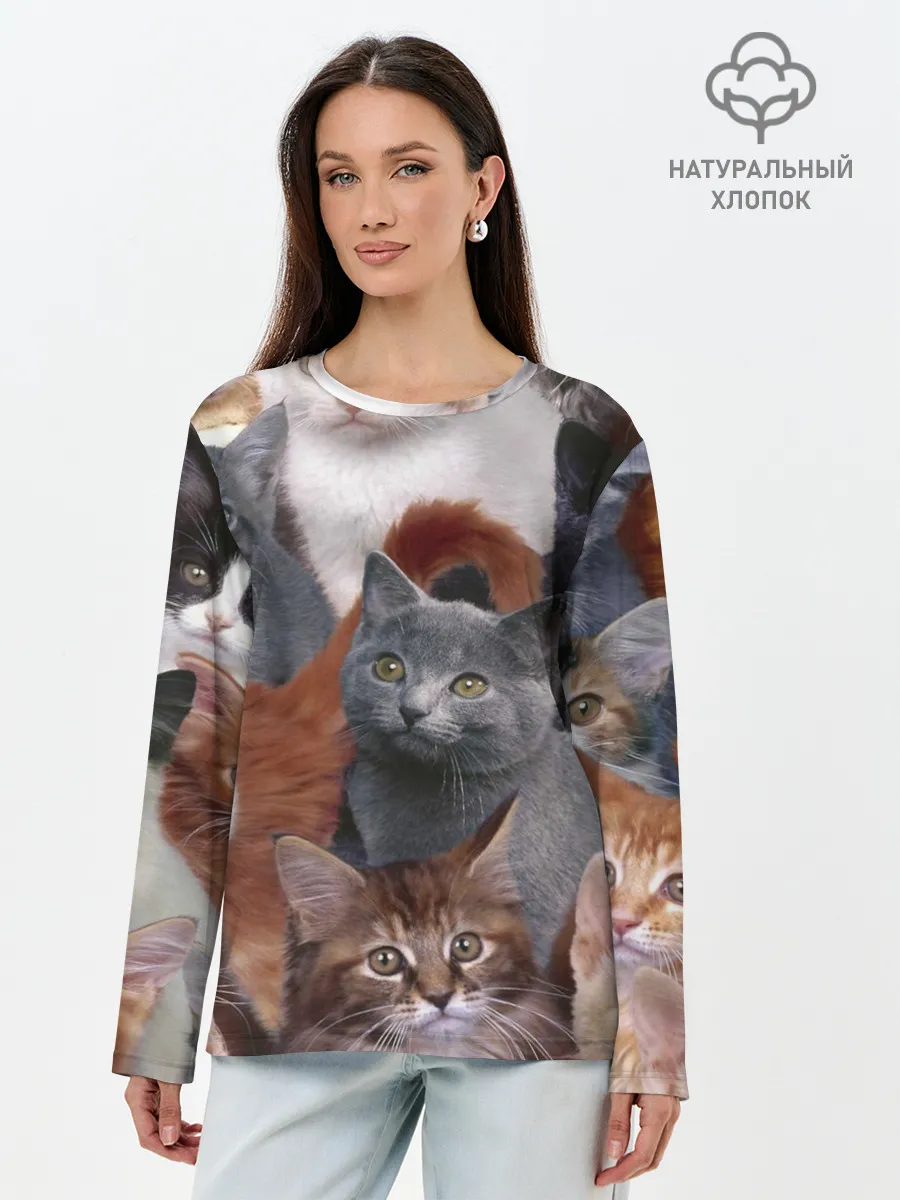 Лонгслив женский. Хлопок / Много котов