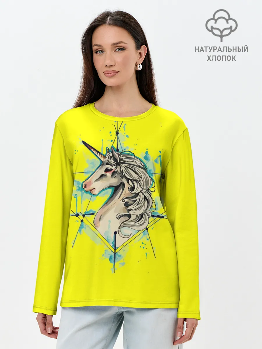 Лонгслив женский. Хлопок / Единорог Yellow Unicorn