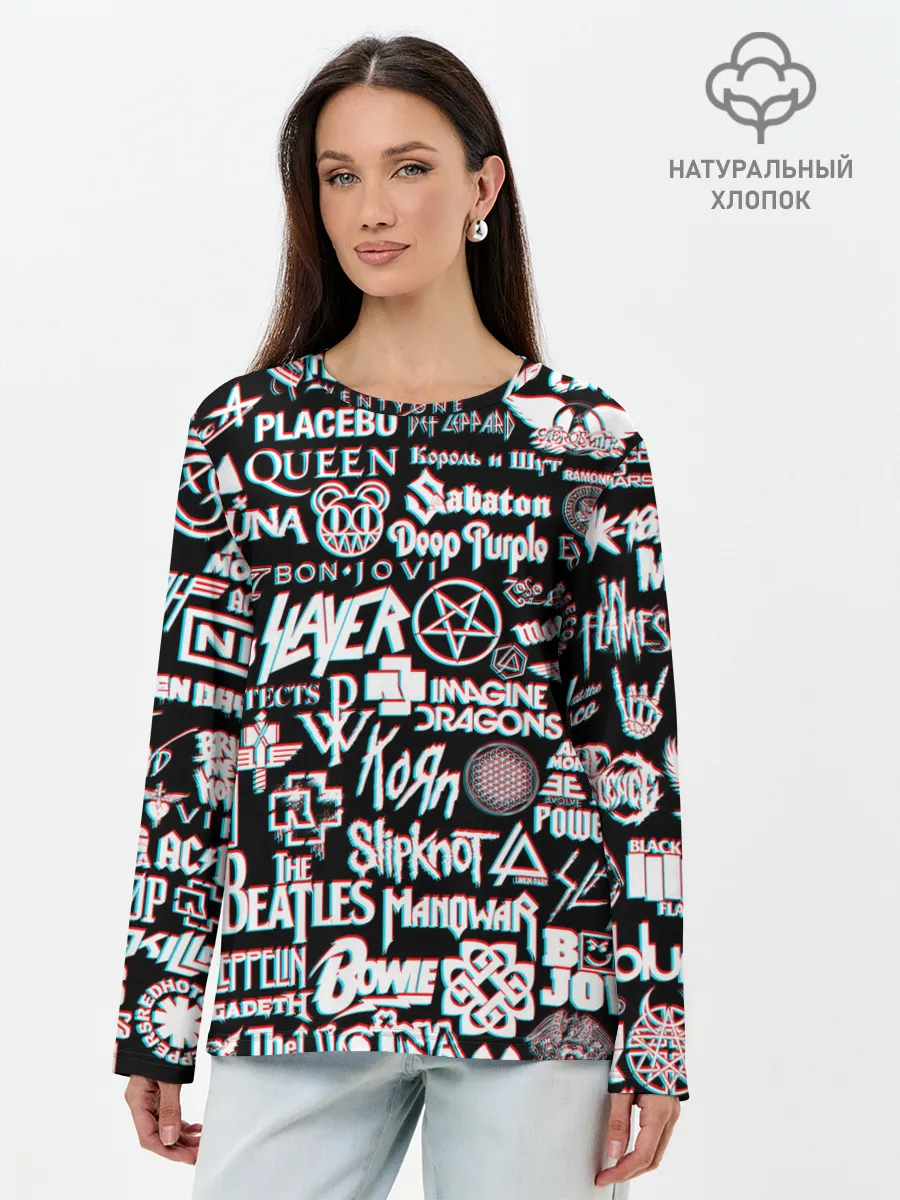 Лонгслив женский. Хлопок / ЛОГОТИПЫ РОК ГРУПП GLITCH