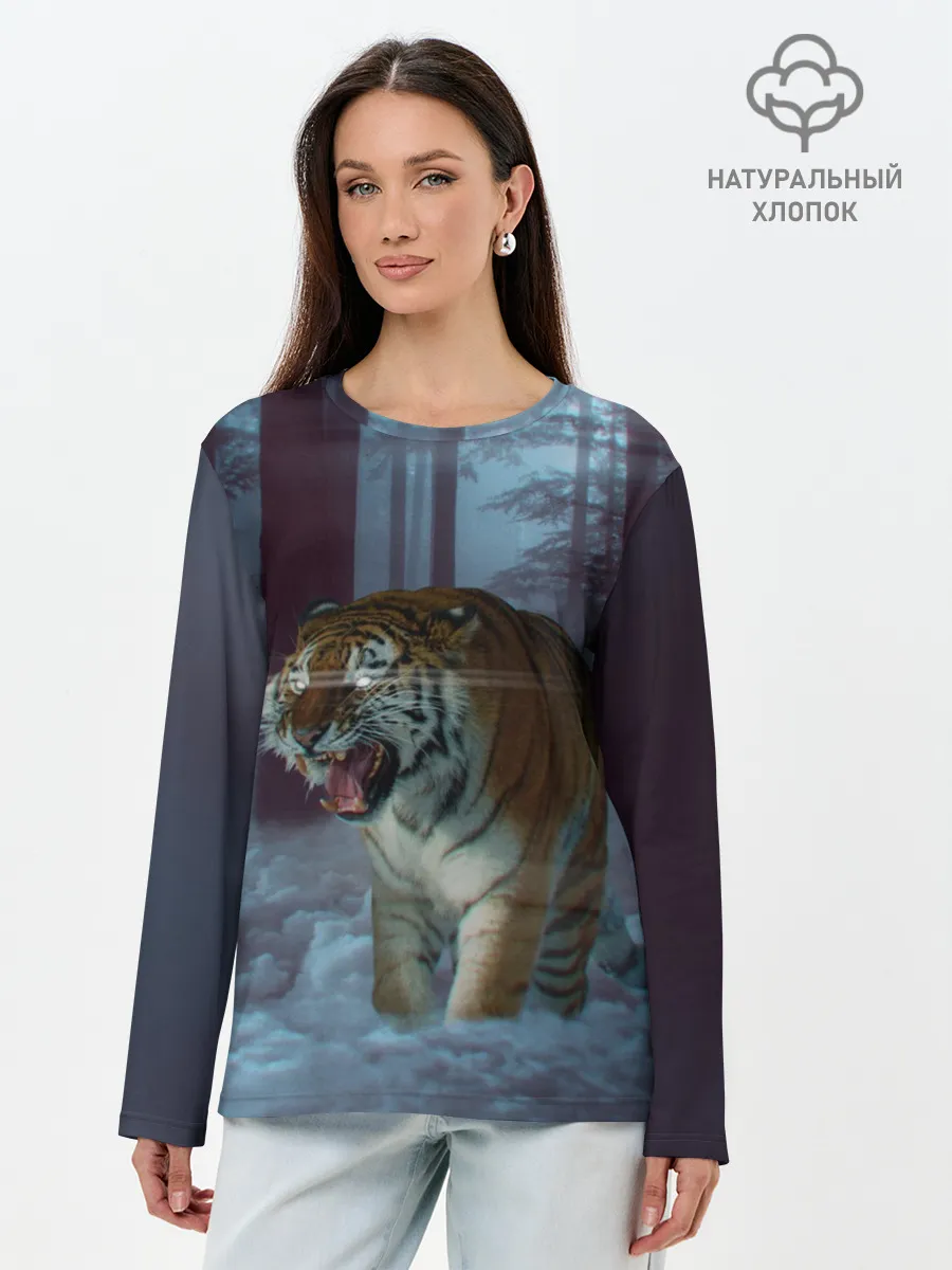 Лонгслив женский. Хлопок / ТИГР В СУМЕРЕЧНОМ ЛЕСУ