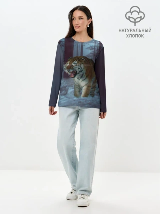 Лонгслив женский. Хлопок / ТИГР В СУМЕРЕЧНОМ ЛЕСУ