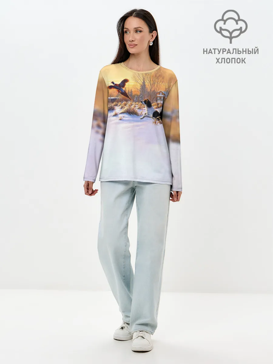 Лонгслив женский. Хлопок / Собака и фазан
