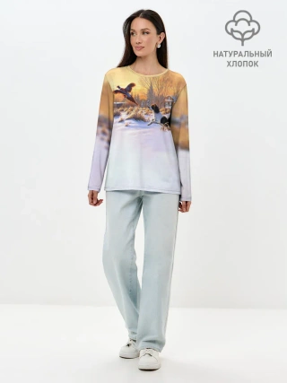 Лонгслив женский. Хлопок / Собака и фазан