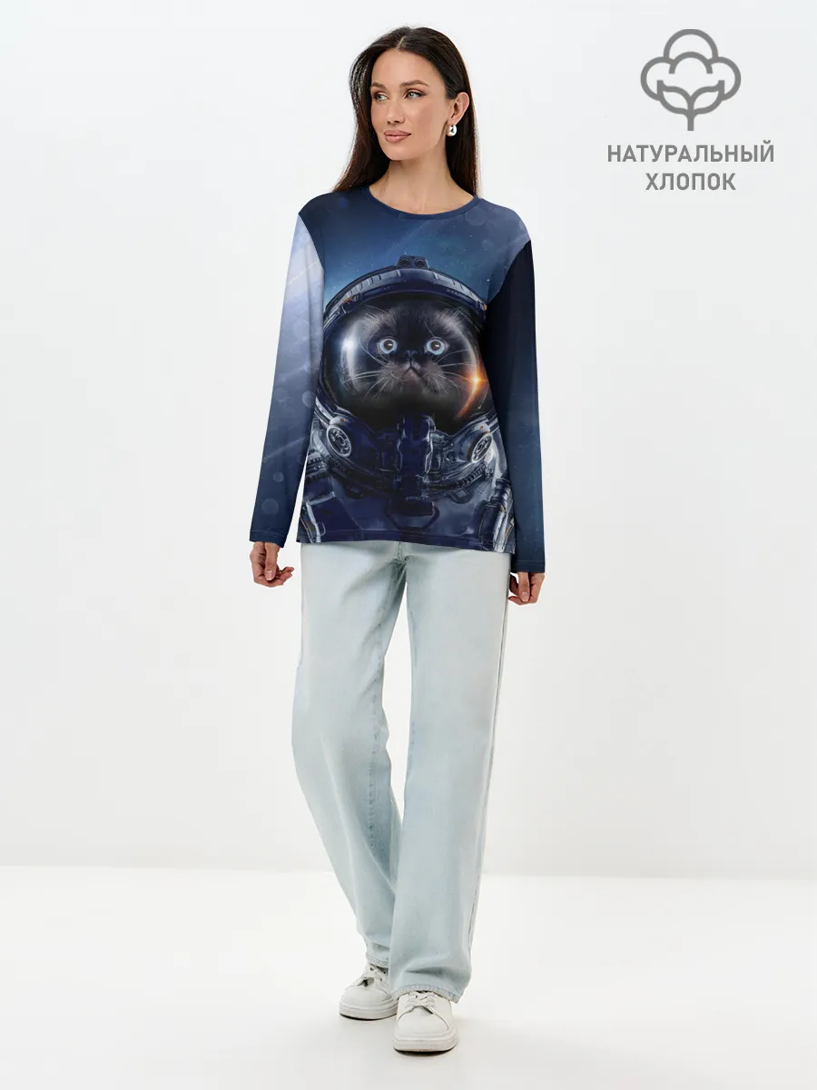 Лонгслив женский. Хлопок / Кот космонавт