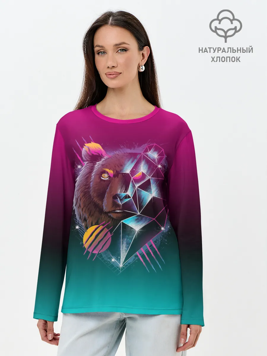 Лонгслив женский. Хлопок / RETRO CYBER BEAR NEON
