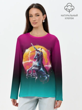 Лонгслив женский. Хлопок / РЕТРО ЕДИНОРОГ НЕОН