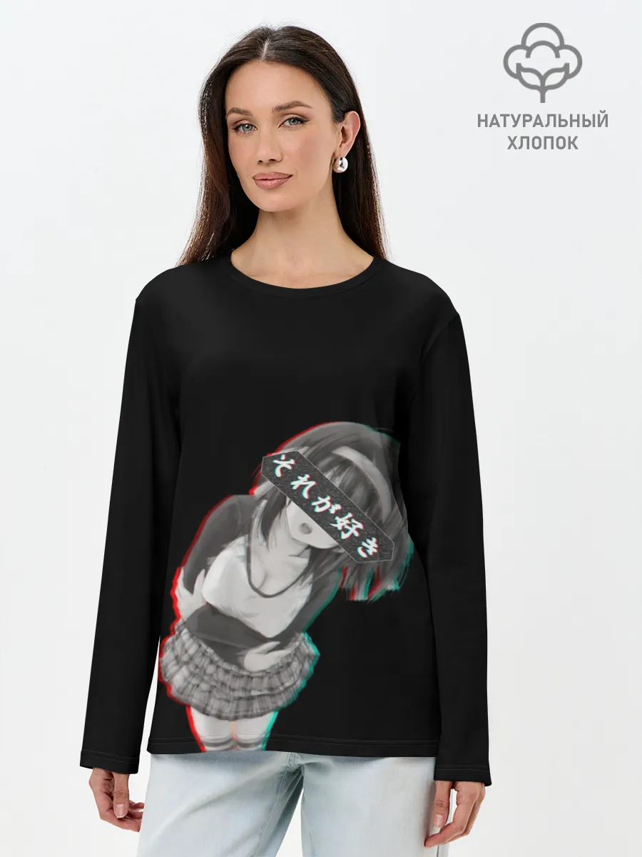 Лонгслив женский. Хлопок / Anime Girl with hieroglyphs