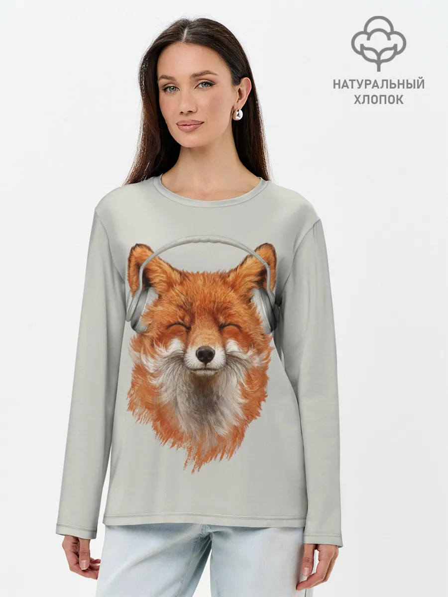 Лонгслив женский. Хлопок / Лиса в наушниках